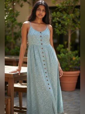 Light Blue Floral Button-Front Maxi Dress